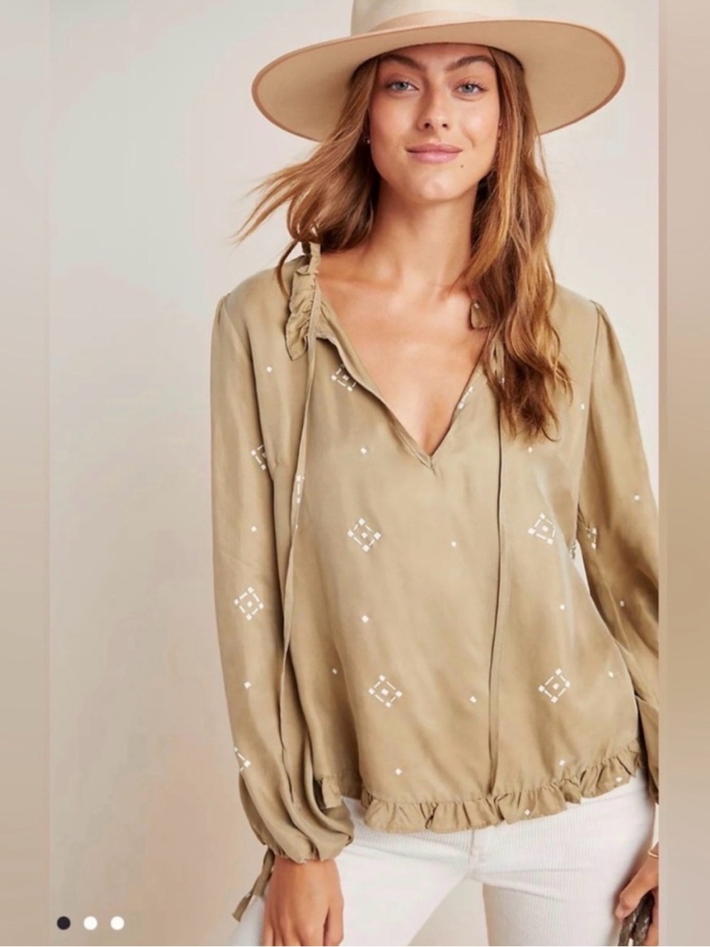 Anthropologie Women’s Sancia Yoelette Peasant Blouse Long Tie Bow Sleeve Taupe S